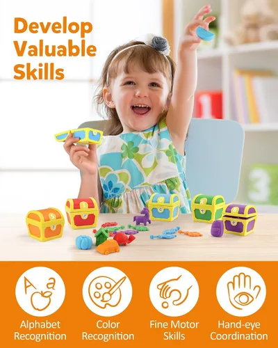 Vista 4 de Coogam Juguetes de Aprendizaje del Alfabeto para Niños Pequeños, 26 Piezas de Letras Sorpresa, Cerraduras del Tesoro con Llaves, Juego