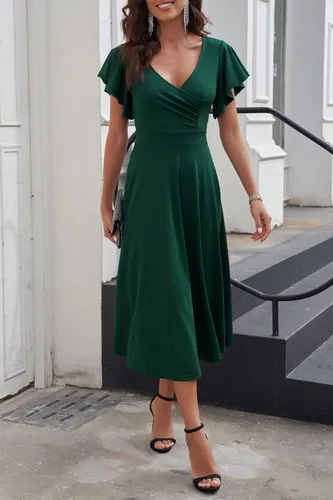 Vista 8 de PRETTYGARDEN - Vestido de verano para mujer, debajo de la rodilla, manga casquillo con volantes, cuello en V, acampanado, vestido de cóctel y fiesta