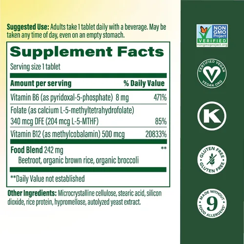 Vista 2 de MegaFood Metil B12 - Vegano - Incluye metil folato, vitamina B12 y B6 - Apoya la producción de energía celular, la salud del sistema nervioso