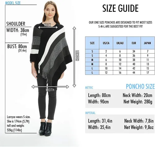 Vista 5 de Ferand - Poncho tejido elegante para mujer, con diseño de rayas y extremos con flecos