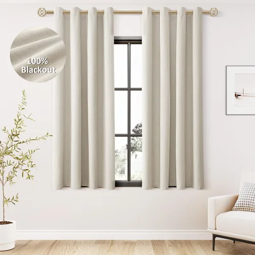 Vista 58 de Beige White Linen Blackout Curtains 90 Length 2 Panels Set for Living Room Bedroom, 100% Black Out Thermal Insulated Linen Drapes, Room Darkening