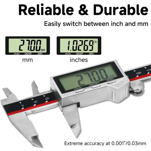 Vista 5 de Calibre digital, herramienta de medición de calibre de acero inoxidable impermeable IP54, pinza Vernier con pantalla LCD enorme, función de apagado