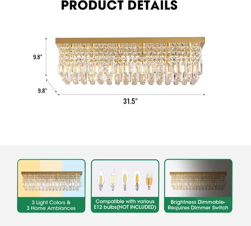 Vista 5 de Candelabros Modernos de Cristal para Lámpara de Comedor, Candelabro de Techo Rectangular Dorado de 6 Luces para Isla de Cocina y Sala de Estar