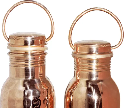 Vista 3 de With Handle - Juego de 2 botellas de agua de cobre sin costuras para beneficios de salud ayurveda, 33.8 fl oz (33.81 onzas líquidas)