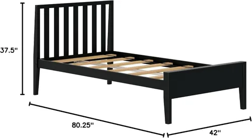 Vista 2 de Plank+Beam Base de cama individual moderna de madera maciza con cabecera de listones, plataforma escandinava con soporte de listones de madera, Negro