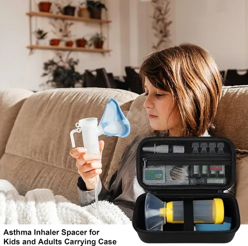 Vista 7 de Elonbo Estuche de transporte para inhalador de asma, espaciador de inhalador para niños y adultos, máscaras, soporte para inhalador, bolsa Negro