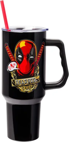 Vista 21 de Silver Buffalo Marvel Avengers - Vaso de acero inoxidable con asa, popote y tapa de pajilla, diseño de Iron Man, Capitán América, Blue Beetle, Thor
