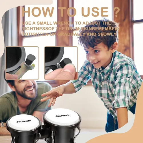 Vista 4 de Juego de Bongós Soulmate para Niños, Principiantes y Adultos de 4" y 5" - Bongós de Percusión Transparentes con Llave de Afinación, Acabado Natural