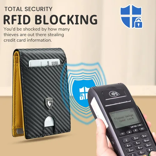 Vista 6 de GSOIAX Billetera delgada para hombre con bloqueo RFID, carteras plegables para hombres, minimalista, de piel auténtica, fibra de carbono, tarjetero