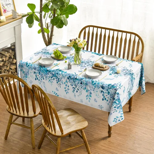 Vista 2 de Horaldaily Mantel de primavera rectangular de 52 x 70 pulgadas, mantel floral de eucalipto azul para decoración de fiestas, pícnic, cenas