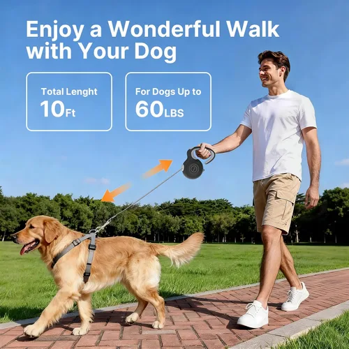 Vista 3 de Correa retráctil para perro de 10 pies con función de bloqueo automático, retracción sin enredos de 360° y mango ergonómico ligero para perros