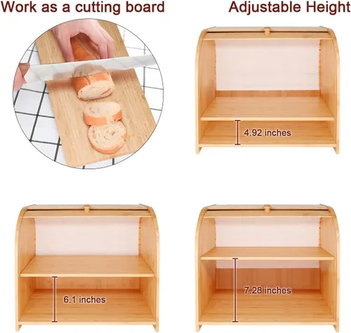 Vista 3 de Purbambo Caja de pan de bambú para encimera de cocina, doble capa Roll-top cajas de almacenamiento de pan conservador de alimentos con estante medio