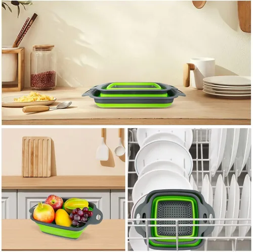 Vista 8 de AUAUY Juego de 2 coladores plegables, colador plegable cuadrado de silicona con asas de plástico, colador de cocina ecológico con agujeros grandes