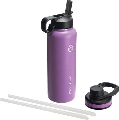 Vista 18 de Thermoflask - Botella de agua de acero inoxidable con doble aislamiento y dos tapas, 18 onzas, negro