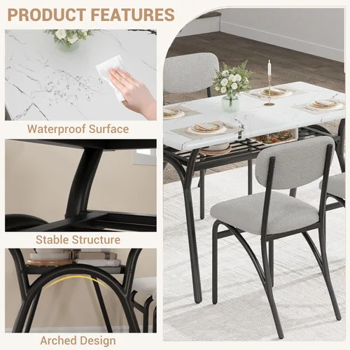 Vista 6 de GarveeHome Juego de mesa de comedor de 5 piezas para 4, mesa de cocina moderna con 4 sillas de bouclé, mesa de comedor rectangular con estante