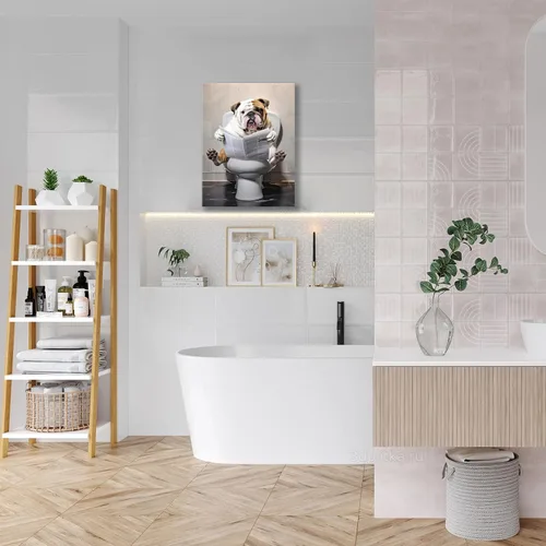 Vista 4 de Arte de pared de baño para perro, divertido decoración de pared de baño, diseño de bulldog inodoro, lienzo impreso, pintura para decoración