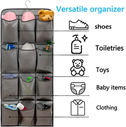Vista 2 de Organizador de zapatos colgante de doble cara para armario con 24 bolsillos grandes, soporte para zapatos colgante con colgador giratorio (gris)