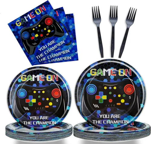 Vista 18 de 96 piezas de platos, servilletas y tenedores para fiesta de cumpleaños azul, verde, plateado, juego de vajilla desechable de papel con temática