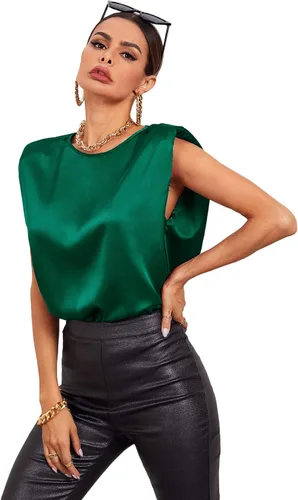 Vista 3 de Milumia Women's Elegant Shoulder Pad Sleeveless Satin Top Keyhole Back Solid Blouse