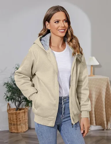Vista 7 de PUWEI - Sudadera con capucha, con zíper y forro de felpa grueso, para mujer
