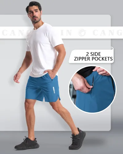 Vista 4 de CANGHPGIN Paquete de 2 pantalones cortos deportivos de entrenamiento para hombre, entrepierna de 7 pulgadas, pantalones cortos de senderismo