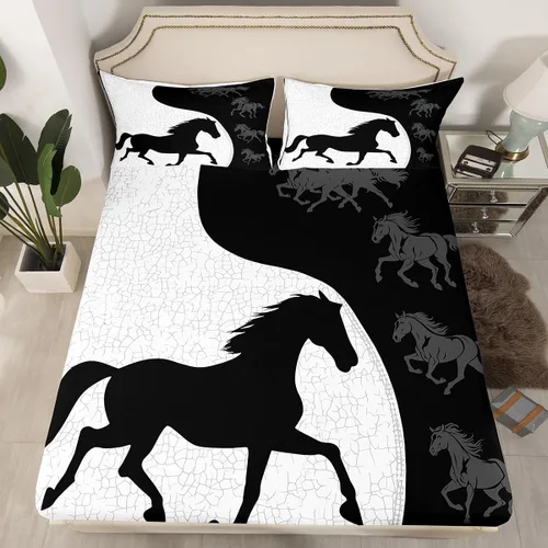 Vista 8 de Manfei Sábana bajera ajustable de caballo al galope, tamaño individual, funda de cama con temática de animales con 1 funda de almohada, juego