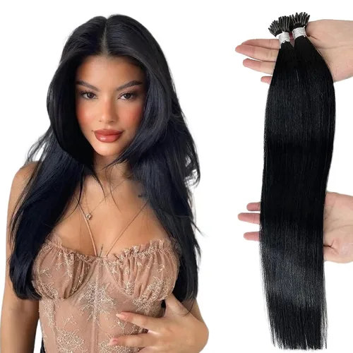 Vista 25 de Extensiones de cabello humano microlink de 16 pulgadas, extensiones de cabello natural suave de microcuentas, color #1 negro azabache, 100% cabello