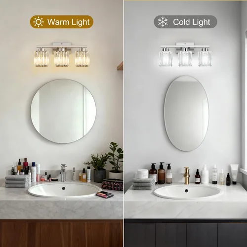 Vista 5 de GOLSPARK Crystal Bathroom Vanity Light, Brushed Nickel, 3 Light, Square Modern Bathroom Light Fixtures, Vanity Lighting Over Mirror, Wall Sconce