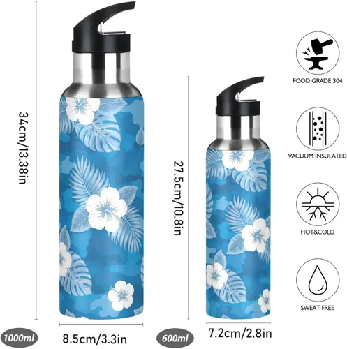 Vista 2 de Stainless Steel Vacuum Insulated Water Bottle 20 Oz, Leakproof Water Bottles for Gym Outdoor Travel School, Flowers Tropical Leaves Blue