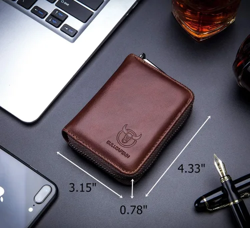 Vista 3 de BULLCAPTAIN Cartera de cuero genuino para hombre, tarjetero con cremallera para tarjetas de crédito, Marrón