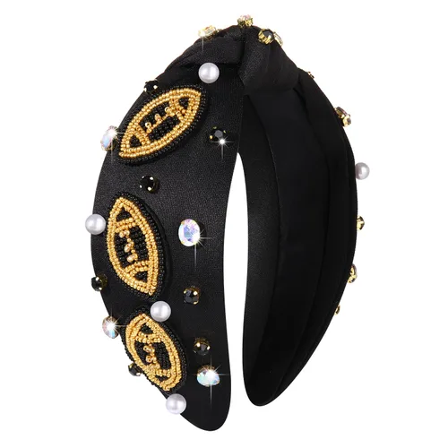 Vista 14 de Diademas anudadas de fútbol para mujer, diadema deportiva para el día del juego, diadema de cristal perlado con nudo superior ancho, accesorios