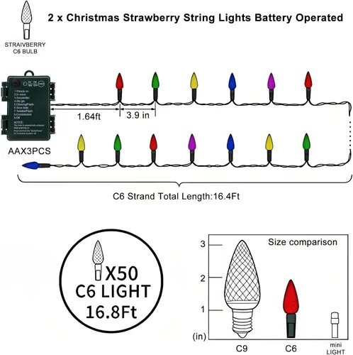 Vista 7 de DBFAIRY Paquete de 2 Luces de Cadena C6 que Funcionan con Pilas, Multicolor 16.4 pies 50 Luces LED de Guirnalda con Temporizador 8 Modos de Luz IP65