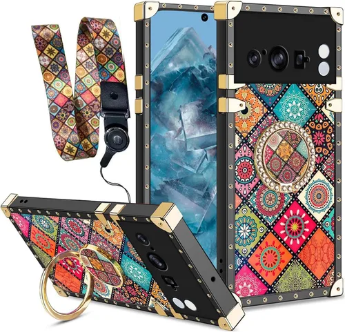 Vista 64 de nancheng Funda para Google Pixel 6 de lujo, diseño de abeja, corazón y abeja, chapado en oro, con anillo de diamante de 360°, correa de cordón