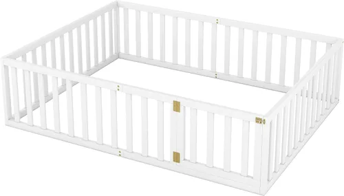Vista 7 de Harper & Bright Designs Cama de suelo Queen con rieles, marco de cama de piso de madera con valla y puerta, para niños y niñas (blanco)