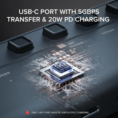 Vista 3 de Hub USB C alimentado, 7 en 1 USB C 3.2 Gen1 HUB 36W con último puerto de carga de salida PD20W, divisor USB de aluminio e interruptores individuales