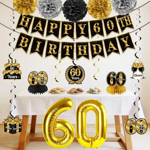 Vista 5 de Decoraciones de cumpleaños de 60 años para hombres y mujeres, pancarta de feliz cumpleaños número 60, globos de felicitación a 60 años, decoraciones