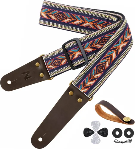 Vista 28 de Nefelibata Correa de guitarra, correas de guitarra de algodón bordadas con extremos de cuero de vaca para bajo, guitarras eléctricas y acústicas