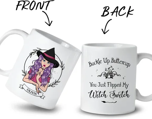 Vista 2 de Gossby Taza de café de bruja personalizada, regalo personalizado de Halloween para mujeres, hermana, mejor amiga, mamá, abuela con diseño, nombre
