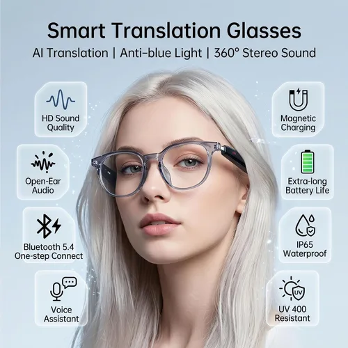 Vista 2 de Lentes de traducción Bluetooth inalámbricos inteligentes AI para hombres/mujeres con altavoces/Bluetooth y más de 140 idiomas traducción