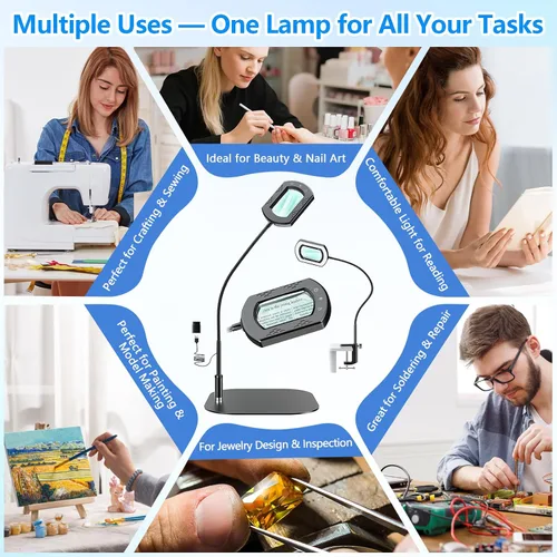 Vista 7 de Lupa grande 15X con luz y abrazadera, 5 modos de color regulable continuo, lupa iluminada con soporte manos libres, lupa de lectura flexible