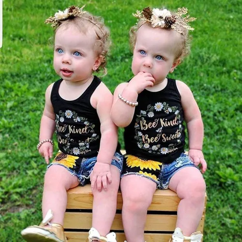 Vista 2 de Honganda Fashion 2Pcs Toddler Kids Baby Girl Sunflower Outfits Sleeveless Tank Top+Denim Shorts Summer Clothes