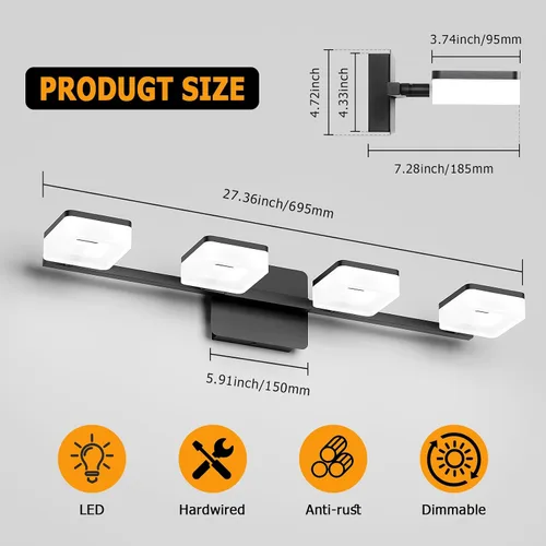 Vista 3 de 4 lámparas de acrílico para baño, moderna lámpara negra para tocador de baño, accesorios de iluminación de pared negro mate sobre el espejo, luz LED