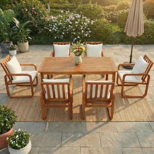 Vista 19 de RUNNA Juego de mesa de comedor de 6 piezas, juegos de muebles de exterior con agujero para paraguas, mesa rectangular de 71 pulgadas, sillas y banco