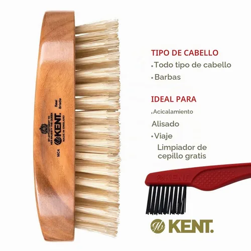 Vista 2 de Kent MC4 - Juego de cepillos para cabello y barba para hombre: cepillo exfoliante natural de cerdas de jabalí, base de madera de cerezo con cerdas