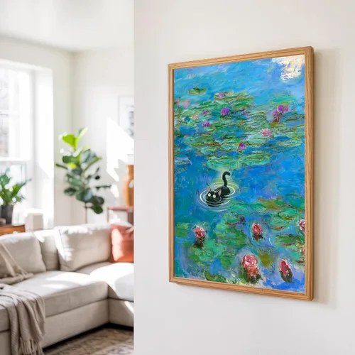 Vista 2 de Divertido arte de pared de gato negro, arte de Monet, decoración de pared de gato de lirio de agua, impresión de póster divertido de gatos negros