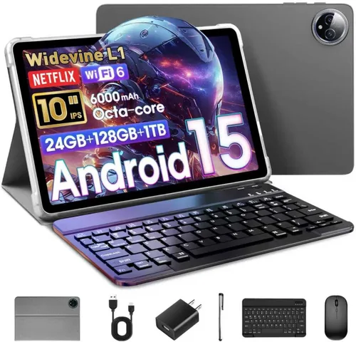 Vista 9 de Raemond Tablet Android 15 de 10 pulgadas, 24 GB de RAM+128 GB de ROM/1 TB expandible, CPU octa-core de 1.8 GHz, pantalla HD IPS de 1280 x 800, WiFi