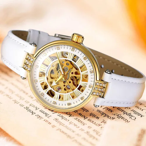 Vista 3 de Reloj de pulsera para mujer, analógico, números romanos esqueleto cristal automático automático automático reloj de cuero mecánico