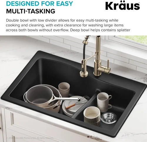 Vista 7 de Kraus Quarza - Fregadero de cocina de doble seno 60/40 de granito de instalación empotrada/sobre encimera, 33 pulgadas, color negro, KGD-442BLACK
