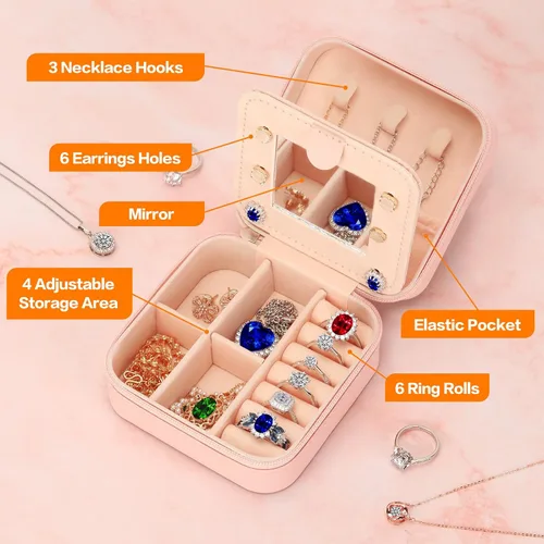 Vista 3 de LETURE Joyero de viaje pequeño joyero organizador de joyas con espejo, regalos únicos para mujeres, adolescentes, niñas, mamá, abuela, regalos