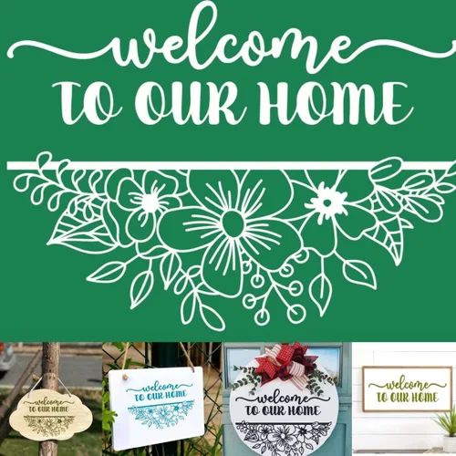 Vista 7 de Alinacutle Plantillas de serigrafía reutilizables de bienvenida a nuestro hogar, plantilla de serigrafía autoadhesiva para decoración del hogar